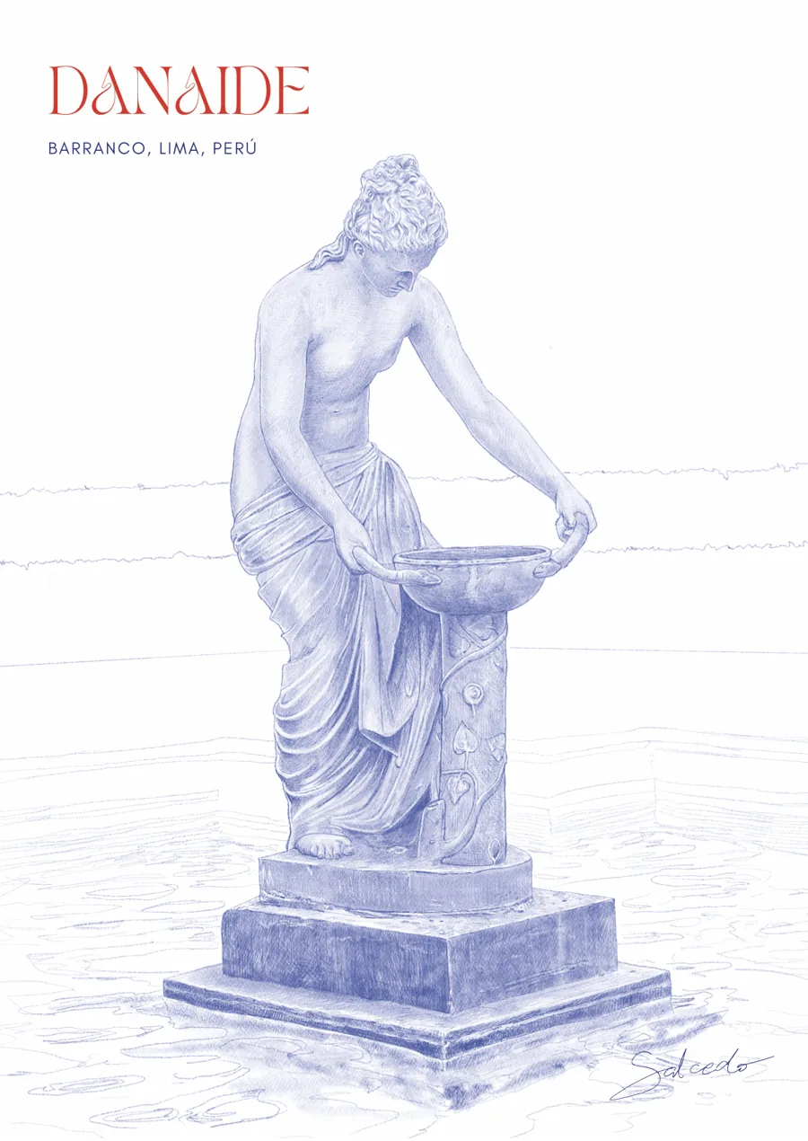 Danaide statue, Barranco — hand-drawn postcard by Luis Salcedo Nieto