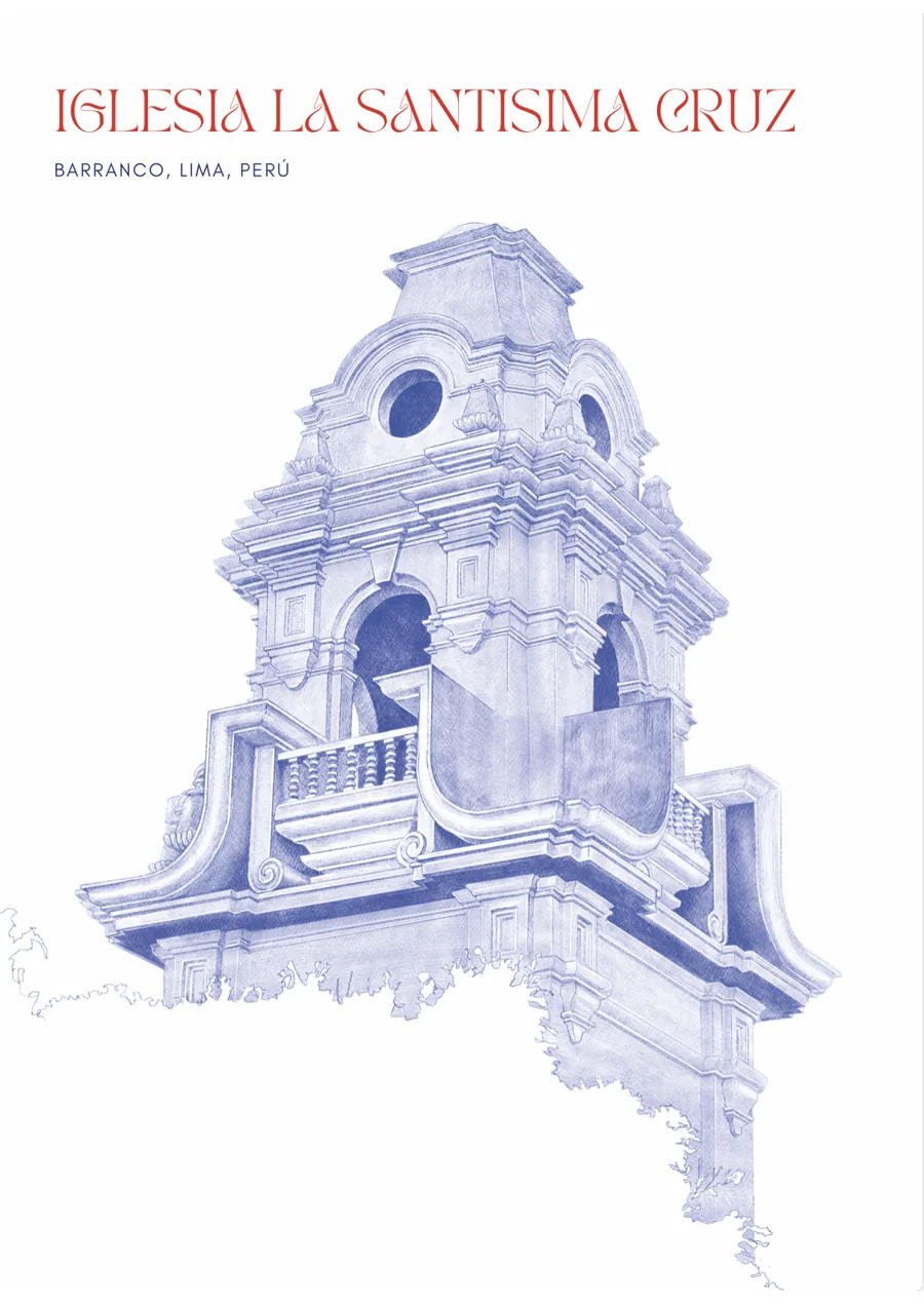Iglesia La Santísima Cruz, Barranco — hand-drawn postcard by Luis Salcedo Nieto