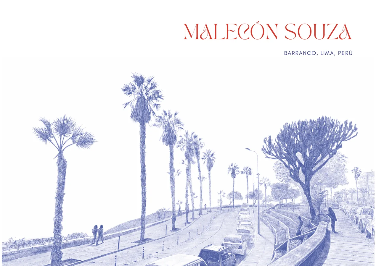 Malecón Souza seafront, Barranco — hand-drawn postcard by Luis Salcedo Nieto